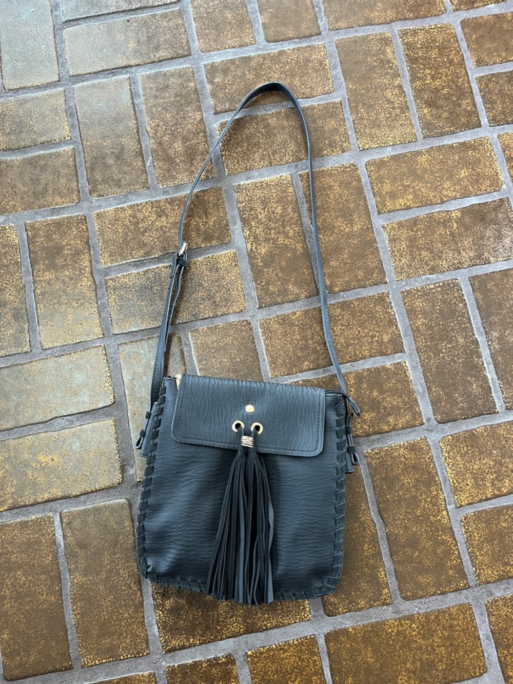 Gussaci Black Faux Leather Fringe Accent Crossbody Bag